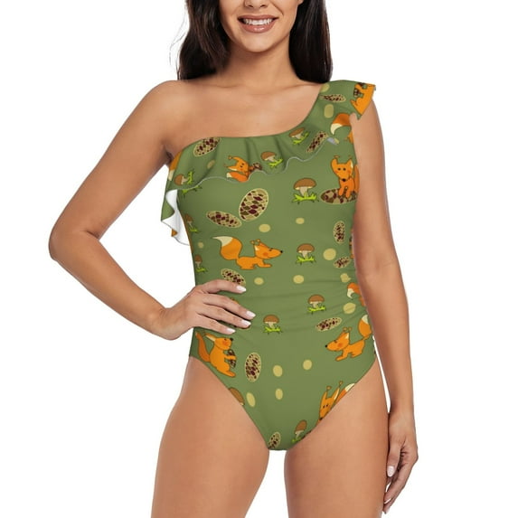 Pofeuu Squirrel And Nuts Print Women's One Piece Swimsuits One Shoulder Swimwear Asymmetric Ruffle Monokinis Bathing Suits-X-Large