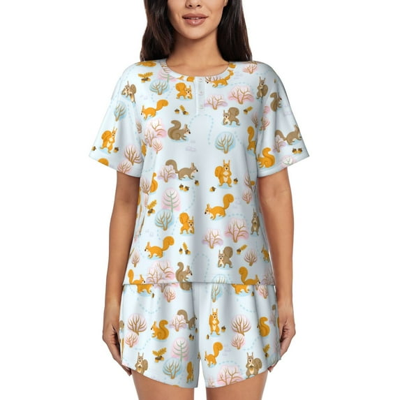 Pofeuu Squirrel In The Forest Print Women's Pajama Set Short/Shorts Soft Button PJs Elastic Drawstring Waist Sleepwear-3X-Large