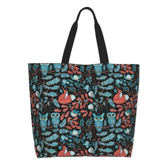 Pofeuu Squirrel Owl Autumn Maple Leaves Print Reusable Grocery Bags - Washable, Foldable, Packable Tote, Large Handles, Heavy Duty, Zippered Top Pouch