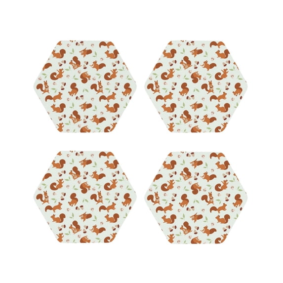 Pofeuu Squirrel Playing Print Coasters for Drinks, 4Pack PU Leather Coasters, Bar Drink Coasters for Tabletop Protection, Furniture from Damage-Hexagon