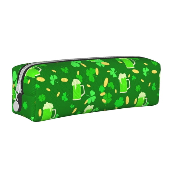 Pofeuu St Patrick's Day2 Print Leather Pencil Case, Leather Pencil Pouch Large Capacity, Big Pencil Pouch with Zipper Vintage Pen Bag Fountain Pen Holder