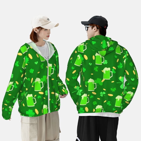 Pofeuu St Patrick's Day2 Print Sun Protection Outdoor Lightweight Full Zip UV Cooling Hoodie Long Sleeve Summer Clothing for Outdoor Hiking-Large