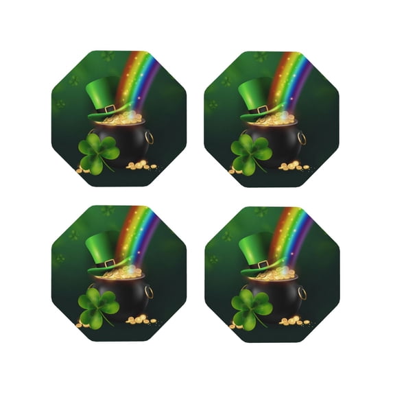 Pofeuu St. Patrick's Day4 Print Coasters for Drinks, 4Pack PU Leather Coasters, Bar Drink Coasters for Tabletop Protection, Furniture from Damage-Octagon