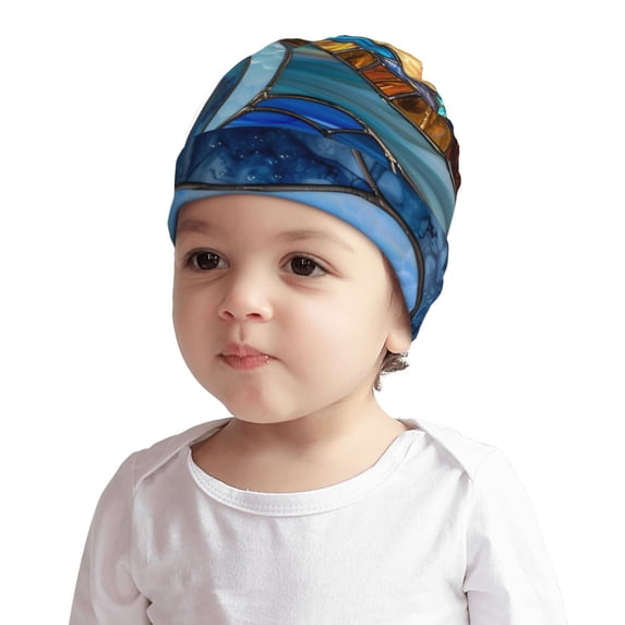 Pofeuu Stained Glass Ocean Wave Print Baby Beanie Hats for Unisex, Toddler Beanies Baby Girl Boy Hat Warm Cap for Baby, Infant, Toddler-Small