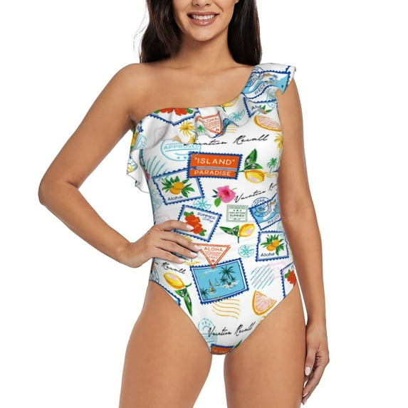 Pofeuu Stamp Print Women's One Piece Swimsuits One Shoulder Swimwear Asymmetric Ruffle Monokinis Bathing Suits-Small