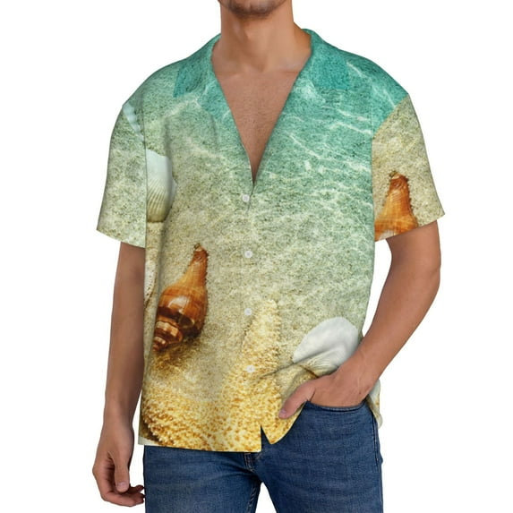 Pofeuu Starfish And Seashell On The Beach Print Mens Casual Short Sleeve Shirts Beach Summer Spread Collar Pocket Tops Men's Casual Short-sleeved Shirt-4X-Large