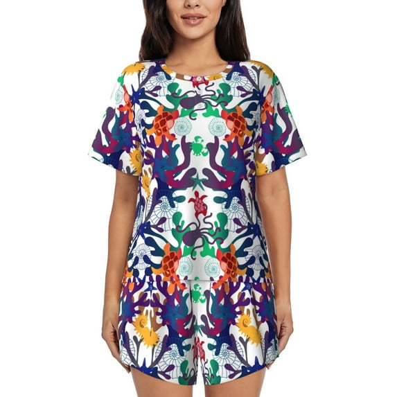 Pofeuu Starfish And Turtle Print Women's Pajama Set Short/Shorts Soft Button PJs Elastic Drawstring Waist Sleepwear-4X-Large