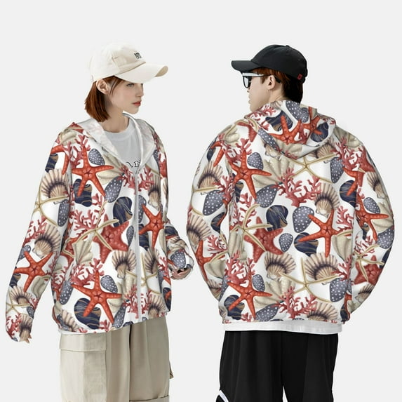 Pofeuu Starfish Shell Print Sun Protection Outdoor Lightweight Full Zip UV Cooling Hoodie Long Sleeve Summer Clothing for Outdoor Hiking-Small