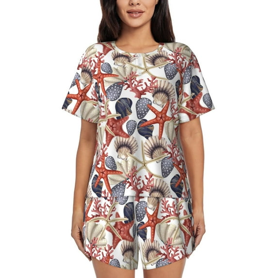 Pofeuu Starfish Shell Print Women's Pajama Set Short/Shorts Soft Button PJs Elastic Drawstring Waist Sleepwear-Medium