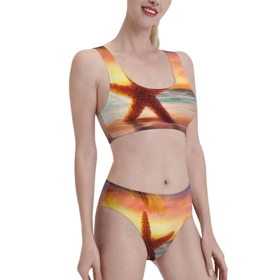 Pofeuu Starfish Sunset Sea Beach Print Womens Bathing Suits Modest High Waisted Bikini Sets Cute Halter 2 Piece Swim Suit