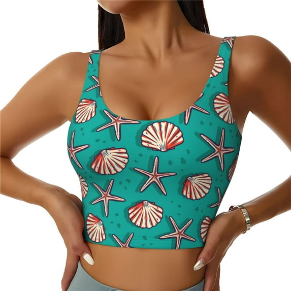 Pofeuu Starfish and Shell Print Sports Bra for Women Sexy Vest Yoga Running Gym Fitness Crop Bras Tops-Small