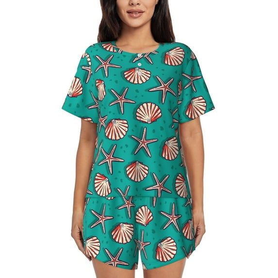 Pofeuu Starfish and Shell Print Women's Pajama Set Short/Shorts Soft Button PJs Elastic Drawstring Waist Sleepwear-Medium