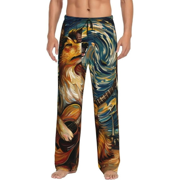 Pofeuu Starry Night Guitar Dog Print Men's Pajama Pants, Soft Lounge Pajama Pants with big pockets for Men Plaid Pj Bottoms-Medium