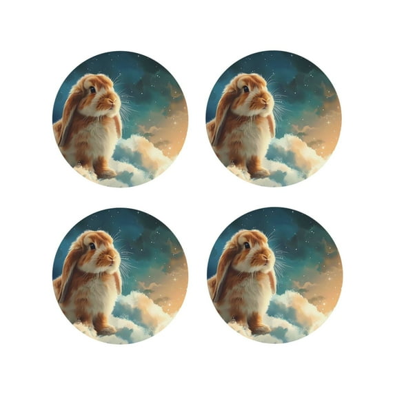 Pofeuu Starry Sky Cloud Cute Rabbit Print Coasters for Drinks, 4Pack PU Leather Coasters, Bar Drink Coasters for Tabletop Protection, Furniture from Damage-Round Shape