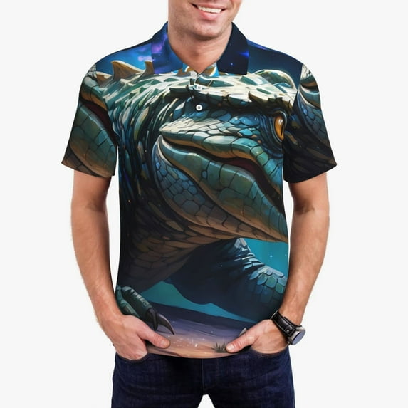 Pofeuu Starry Sky Colorful Crocodile A Print Men's Loose Fit Midweight Short-Sleeve Pocket Polo-Medium