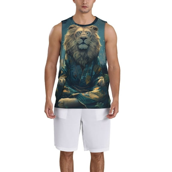 Pofeuu Starry Sky Meditating Lion Print Basketball Jersey, Shirts for Men Youth Basketball Jersey Crew Neck-Large