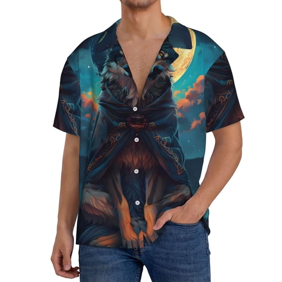 Pofeuu Starry Sky Moon Wolf Leader Print Mens Casual Short Sleeve Shirts Beach Summer Spread Collar Pocket Tops Men's Casual Short-sleeved Shirt-3X-Large