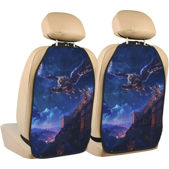 Pofeuu Starry Sky Wall Flying Tiger Print 2 Pack PU Leather Kick Mat Back Seat Protector, Universal Car Seat Back Organizer, Waterproof Backseat Protector For Most Car