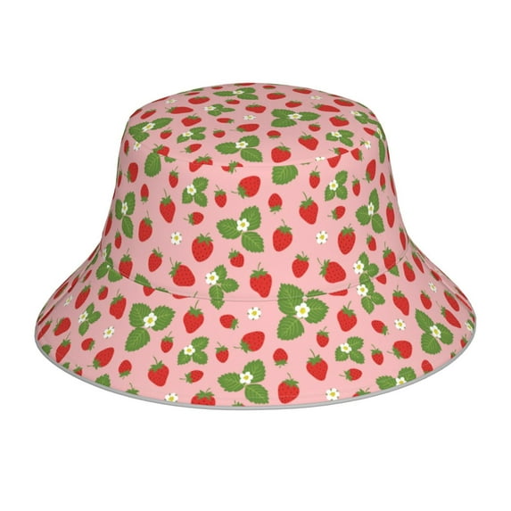 Pofeuu Strawberries Print Bucket Hat for Women Men Reflective Bucket Hats Beach Summer Sun Hat Travel Fisherman Cap