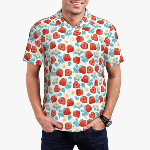 Pofeuu Strawberries Print Men's Loose Fit Midweight Short-Sleeve Pocket Polo-3X-Large