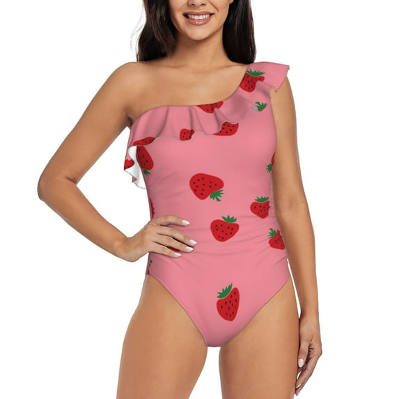 Pofeuu Strawberries Print Women's One Piece Swimsuits One Shoulder Swimwear Asymmetric Ruffle Monokinis Bathing Suits-X-Large