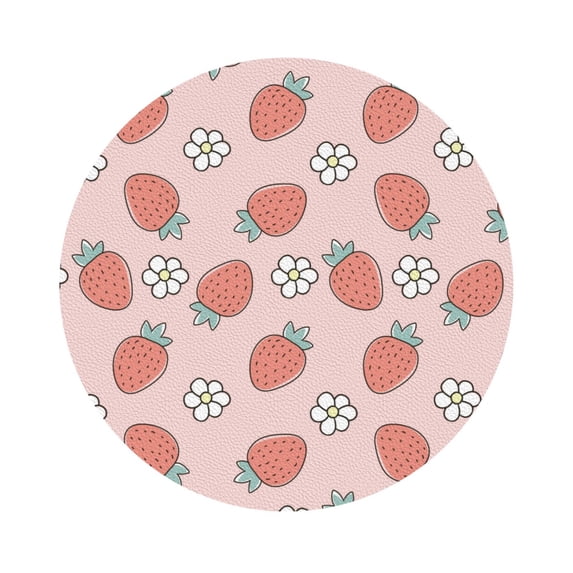 Pofeuu Strawberry And Flowers Print Leather Coasters Set of 6, Round Cups Mugs Mat Pad for Home Kitchen Heat Resistant Drink Coasters,Round Shape