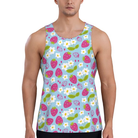 Pofeuu Strawberry And Flowers Print Men's Workout Tank Tops Sleeveless Muscle Gym Shirt Quick Dry-3X-Large
