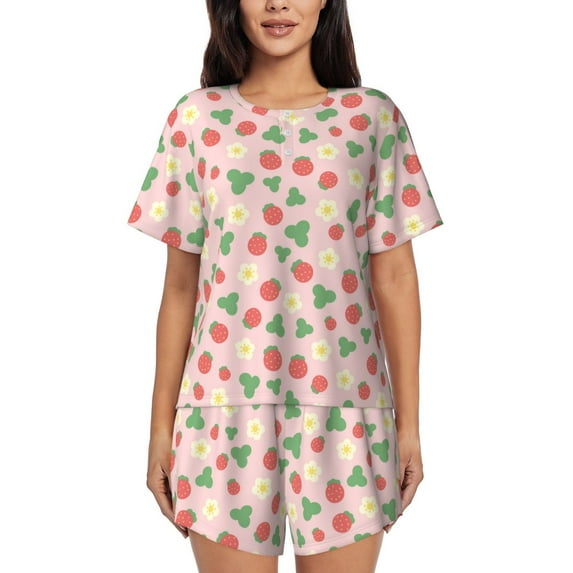 Pofeuu Strawberry And Flowers Print Women's Pajama Set Short/Shorts Soft Button PJs Elastic Drawstring Waist Sleepwear-XX-Large