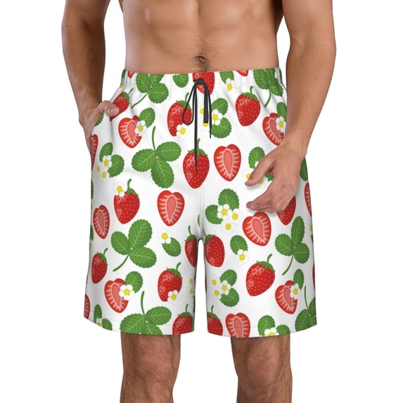 Pofeuu Strawberry Prin Men's Swim Trunks Quick Dry Bathing Suit Swimming Board Shorts Mesh Lining Beach Swimwear-Large