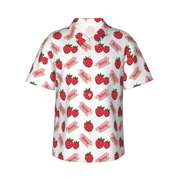 Pofeuu Strawberry Print Hawaiian Shirt for Men Sleeves Casual Button Down Summer Beach Dress Shirts T-Shirts,Medium