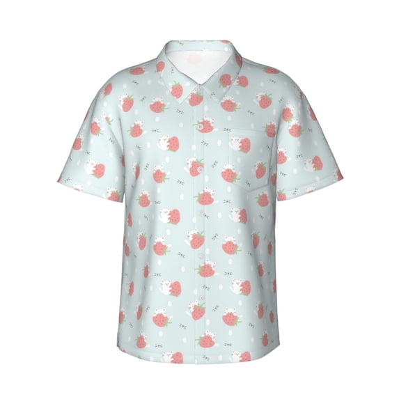 Pofeuu Strawberry Print Hawaiian Shirt for Men Sleeves Casual Button Down Summer Beach Dress Shirts T-Shirts,Medium