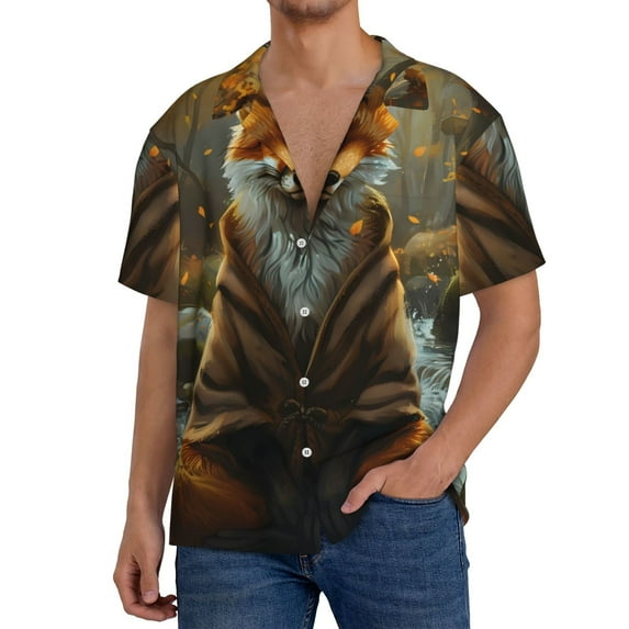 Pofeuu Streamside Meditating Fox Print Mens Casual Short Sleeve Shirts Beach Summer Spread Collar Pocket Tops Men's Casual Short-sleeved Shirt-Medium