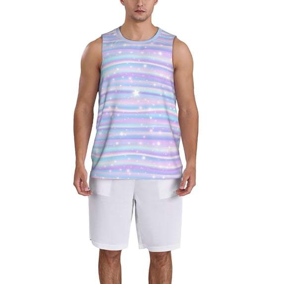 Pofeuu Striped Gradient Print Basketball Jersey, Shirts for Men Youth Basketball Jersey Crew Neck-X-Large