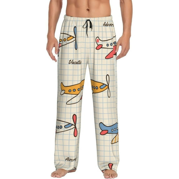 Pofeuu Striped Vintage Planes Print Men's Pajama Pants, Soft Lounge Pajama Pants with big pockets for Men Plaid Pj Bottoms-Medium