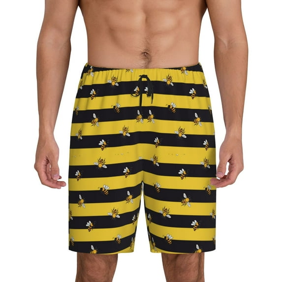 Pofeuu Striped With Bees Print Men's Soft Woven Elastic Waistband Sleep Pajama Short-4X-Large