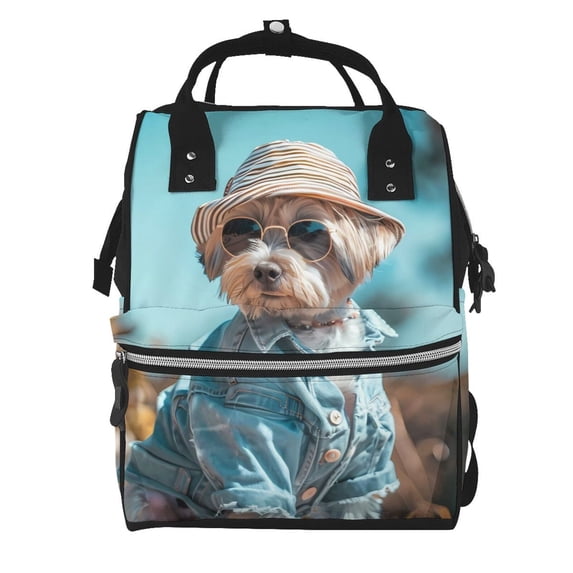 Pofeuu Stylish Dog in Denim Outfit Print Diaper Bag Backpack, Multifunction Travel Pack Maternity Baby Changing Bags, Large Capacity, Waterproof