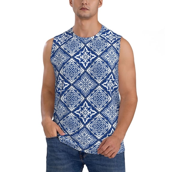 Pofeuu Stylized Flowers Vintage Boho Print Men's Muscle T-Shirt, Sleeveless, Muscle Tank, Classic Muscle Tee Top For Men Casual Sleeveless Muscle T-Shirt Trendy Clothes-Large