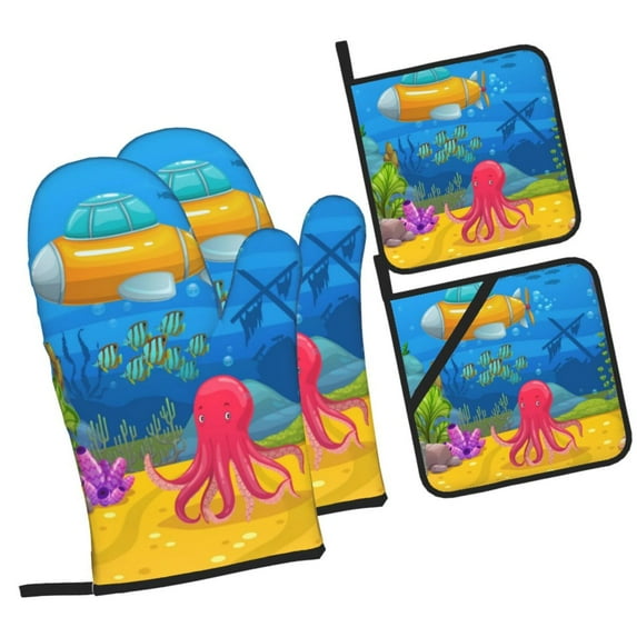 Pofeuu Submarine And Landscape Print Oven Mitts and Pot Holders 4 pcs Set,High Heat Resistant 500 Degree Extra Thicken Long Kitchen Cotton Oven Glove for Cooking