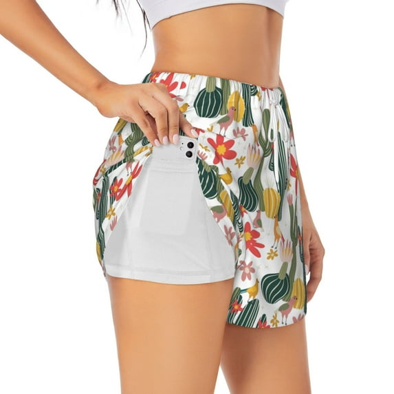 Pofeuu Summer Cactus With Blooming Print Women's Athletic Shorts Running Workout Shorts Tummy Control Quick Dry Gym Shorts with Pockets Double layer sports shorts-Small