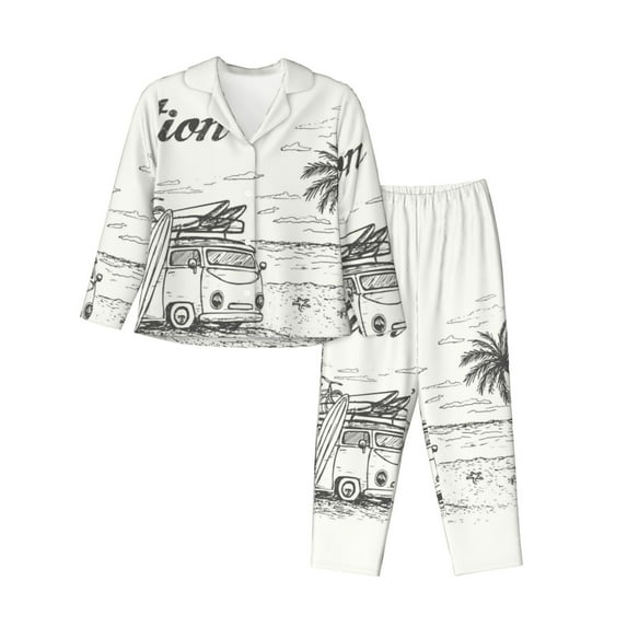 Pofeuu Summer Vacation Scene With Camping Van Print Womens Pajamas Set Long Sleeve Sleepwear Button Down Nightwear Soft Pj Lounge Sets Button Down Pajamas Women-Medium