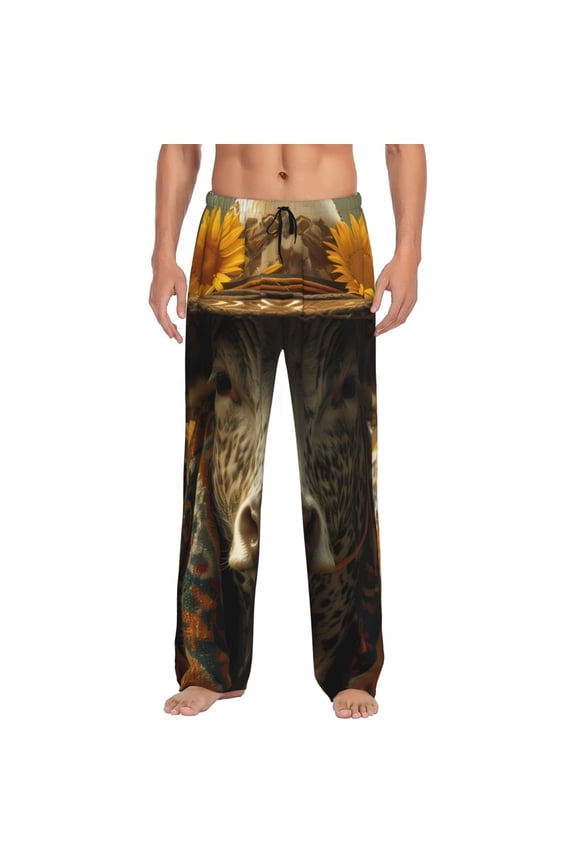 Sunflower Cowboy Hat Cow Print Men's Pajama Pants, Soft Lounge Pajama Pants with big pockets for Men Plaid Pj Bottoms-Medium