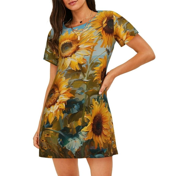 Pofeuu Sunflower Field Art Print Women's Loose Fit Short Sleeve Nightgown, Comfortable Sleep Dress for Women, Casual Lounge Sleepwear, Soft Cotton Sleep Dress