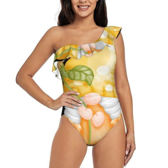 Pofeuu Sunflower Gnomes 3 Print Women's One Piece Swimsuits One Shoulder Swimwear Asymmetric Ruffle Monokinis Bathing Suits-Small