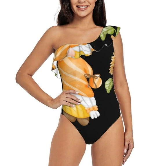 Pofeuu Sunflower Gnomes 5 Print Women's One Piece Swimsuits One Shoulder Swimwear Asymmetric Ruffle Monokinis Bathing Suits-Large