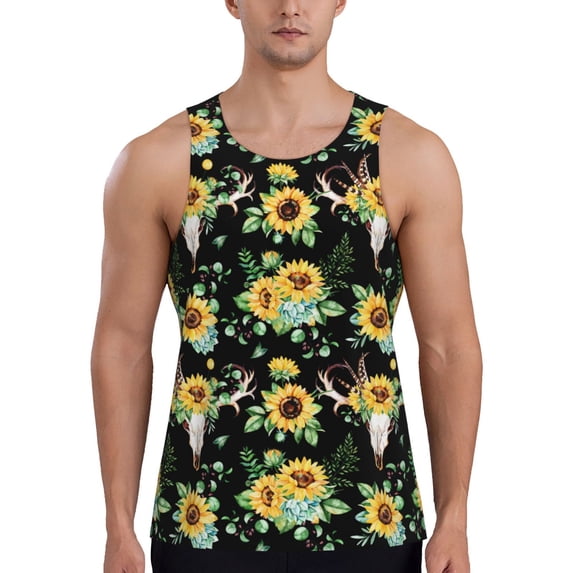 Pofeuu Sunflower Skull Boho Print Men's Workout Tank Tops Sleeveless Muscle Gym Shirt Quick Dry-4X-Large