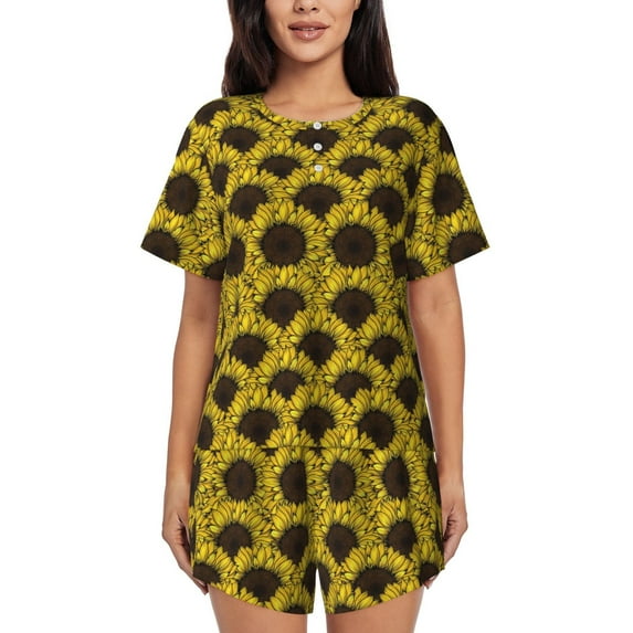 Pofeuu Sunflowers 3 Print Women's Pajama Set Short/Shorts Soft Button PJs Elastic Drawstring Waist Sleepwear-X-Large