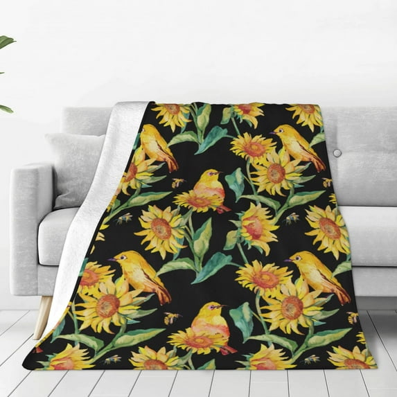 Pofeuu Sunflowers And Bird Print Ultra-Soft Micro Fleece Blanket,for Bed Or Sofa,All Season Throw Blankets Flannel Blanket-60"x50"