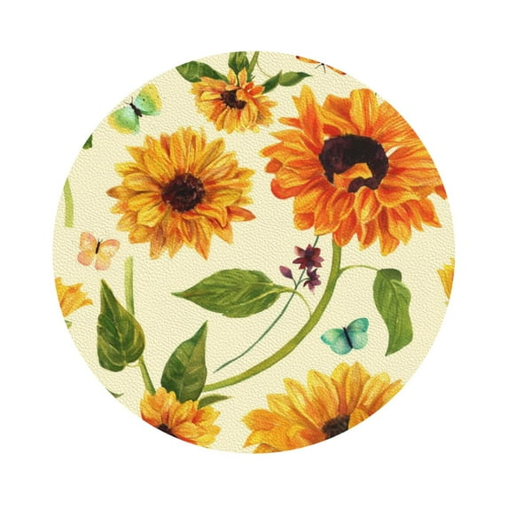 Pofeuu Sunflowers And Butterflies Print Leather Coasters Set of 6, Round Cups Mugs Mat Pad for Home Kitchen Heat Resistant Drink Coasters,Round Shape