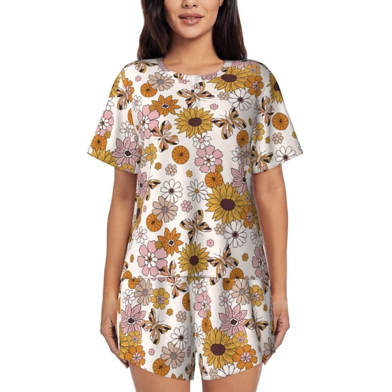 Pofeuu Sunflowers And Butterflies Print Women's Pajama Set Short/Shorts Soft Button PJs Elastic Drawstring Waist Sleepwear-XX-Large