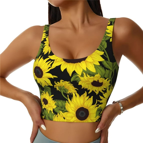 Pofeuu Sunflowers In Vintage Print Sports Bra for Women Sexy Vest Yoga Running Gym Fitness Crop Bras Tops-Large